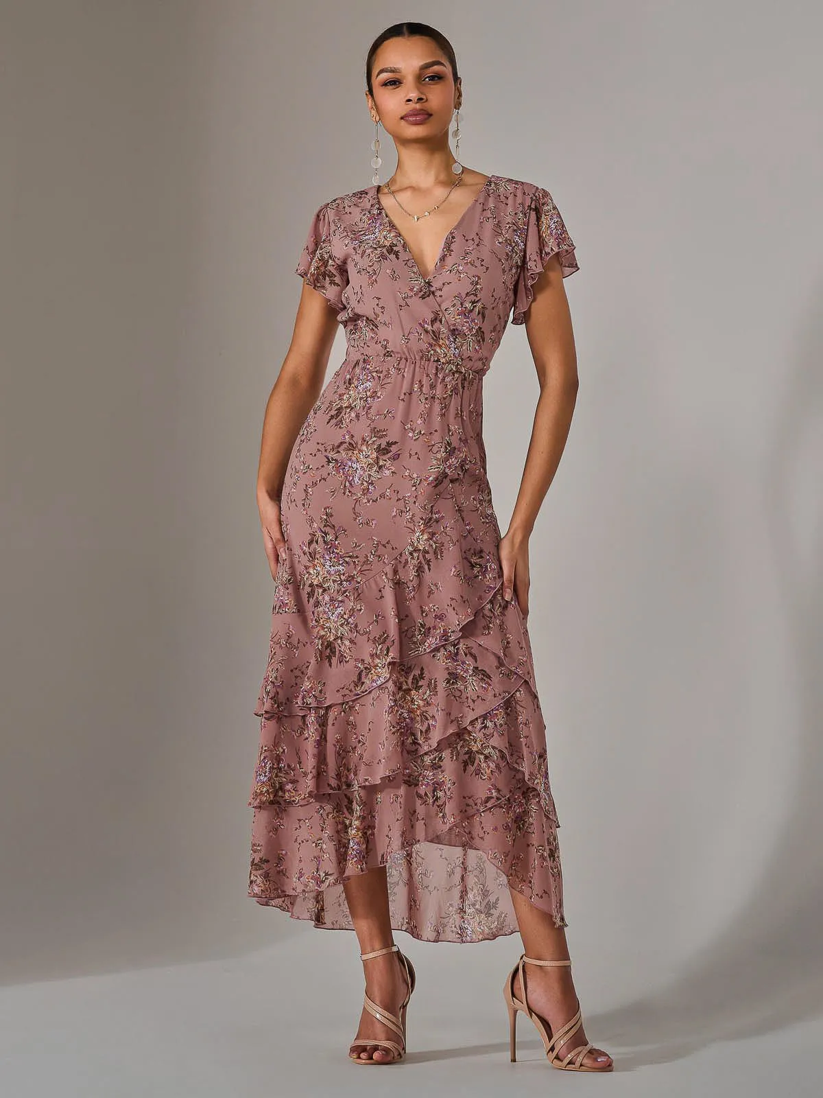 Printed Wrap Ruffle Maxi Dress, Dusty Pink