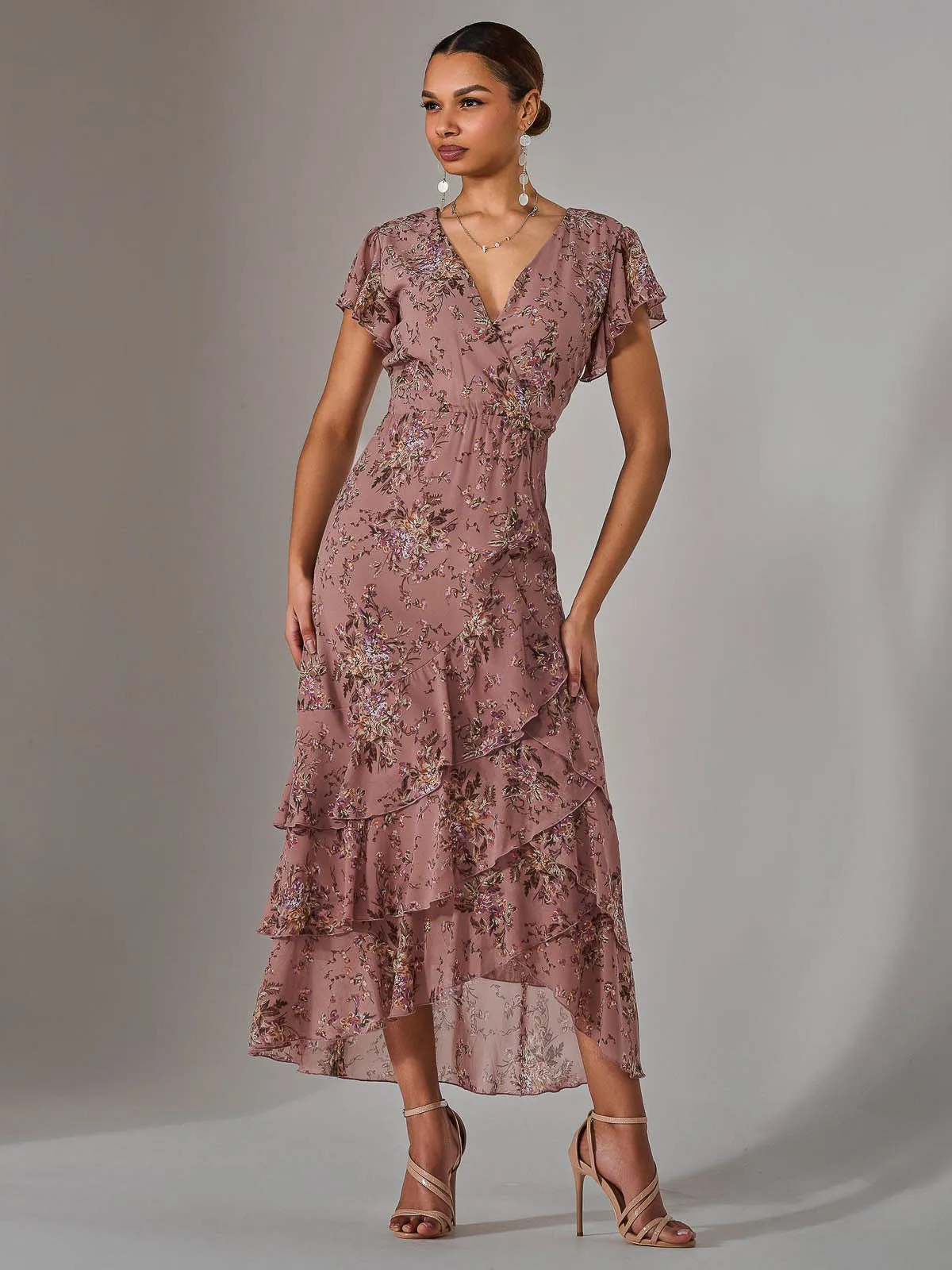 Printed Wrap Ruffle Maxi Dress, Dusty Pink