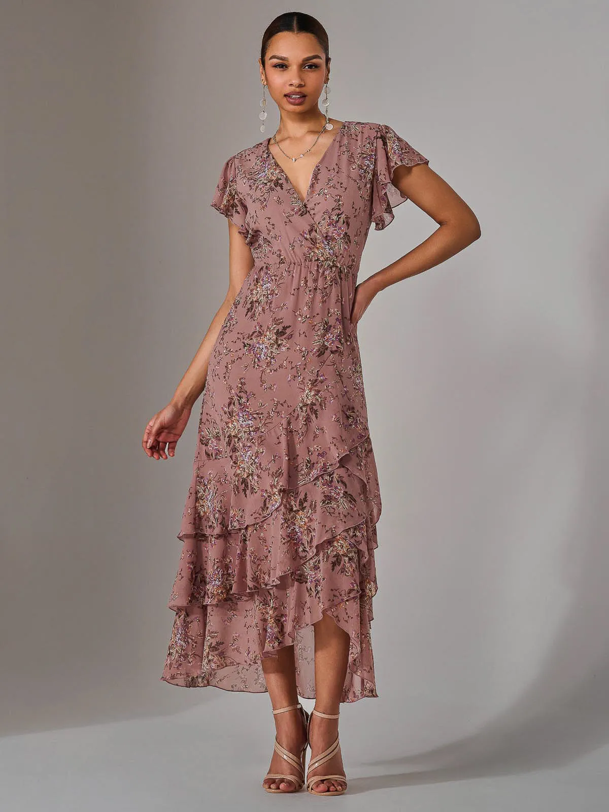 Printed Wrap Ruffle Maxi Dress, Dusty Pink