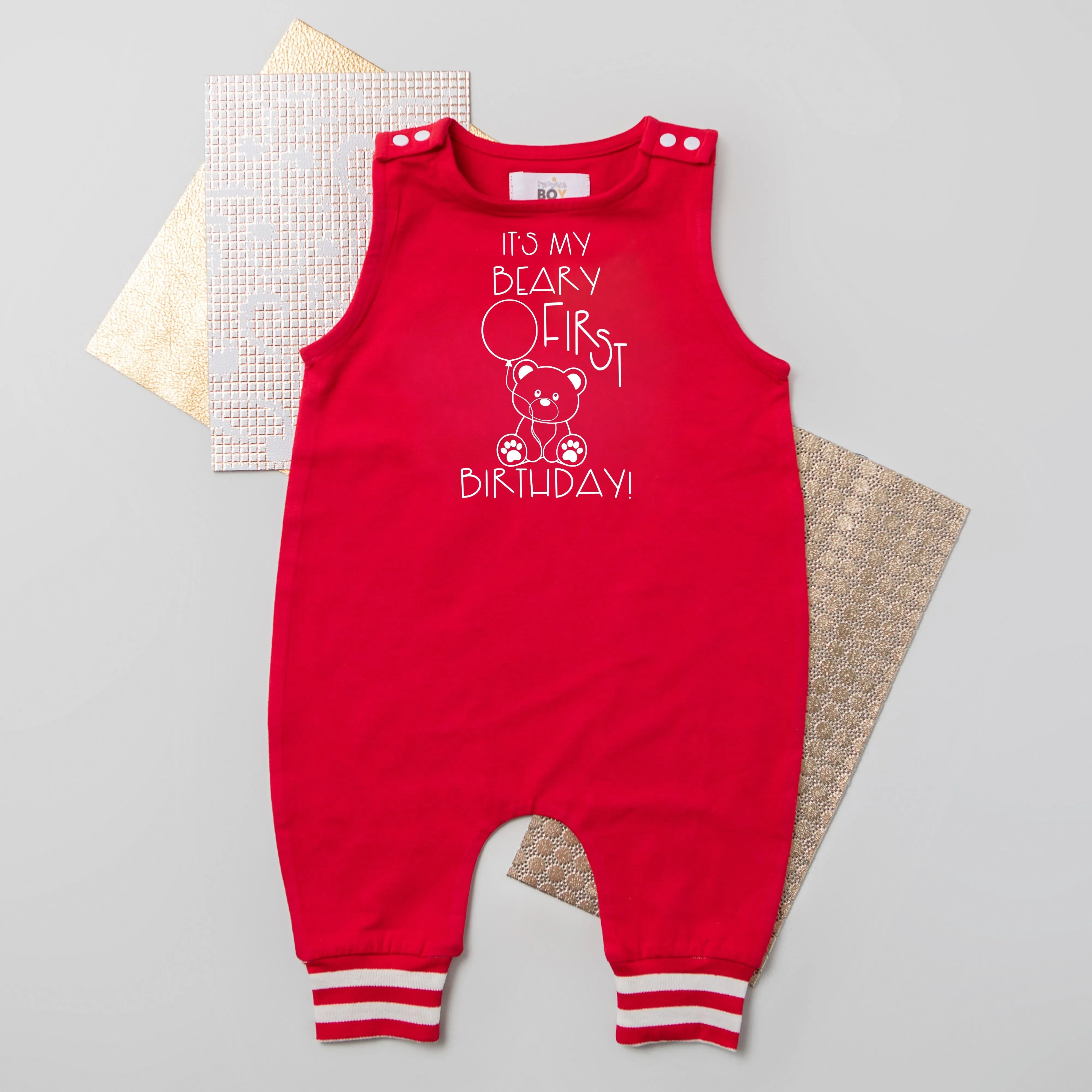 "BEARY FIRST BIRTHDAY" Summer Themed First Birthday Romper with Striped Cuff