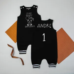 "BEARY FIRST BIRTHDAY" Summer Themed First Birthday Romper with Striped Cuff