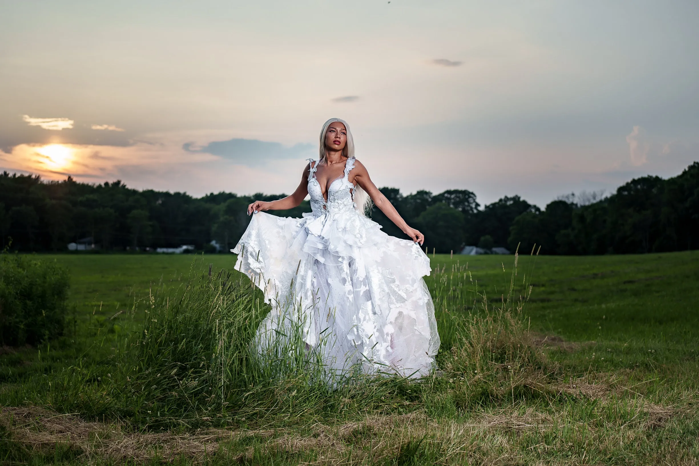 "DUCHESS MARILYN" White & Silver Embroidered Organza Crystal Wedding Ballgown Set