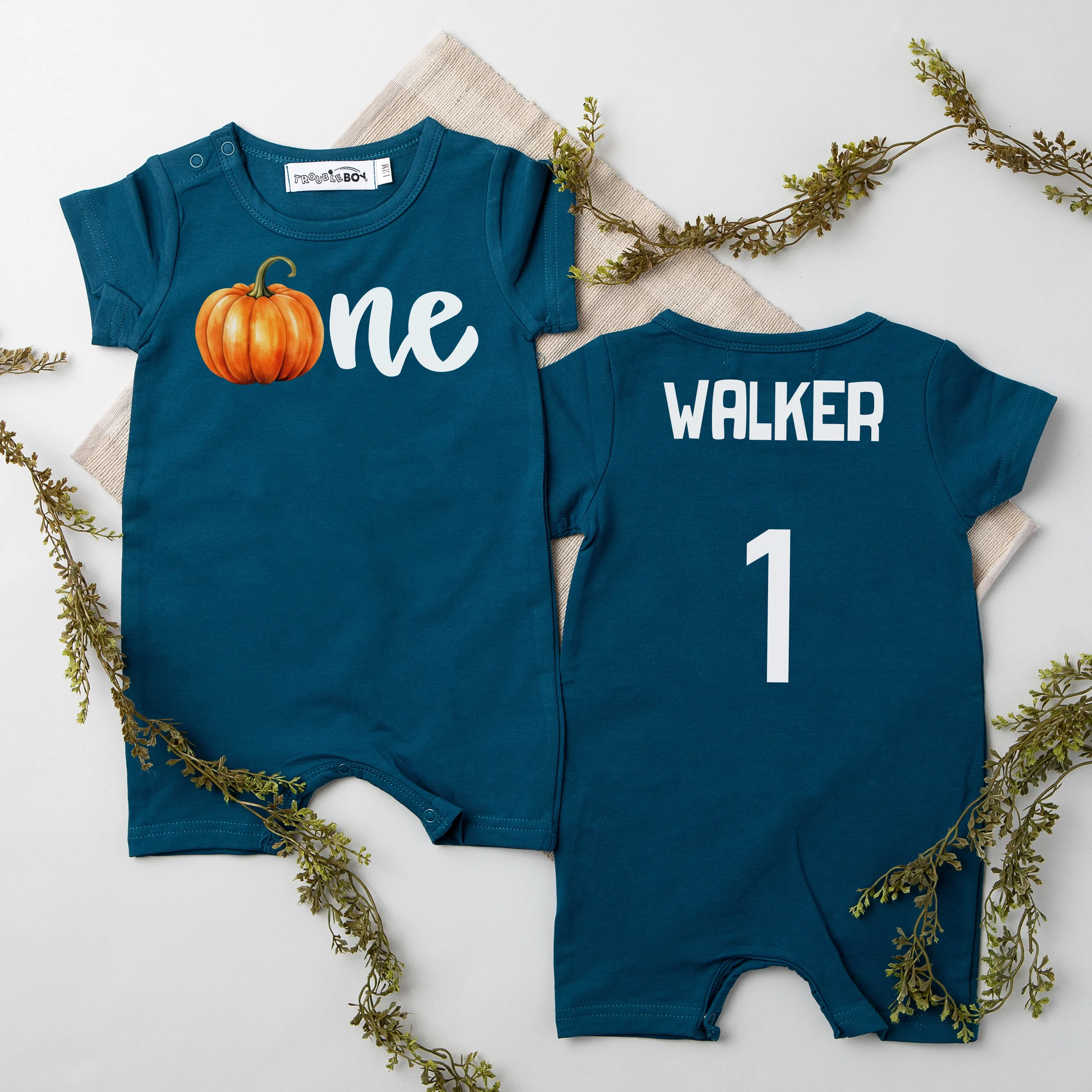 "One Pumpkin" Personalized First Birthday Shorts Romper