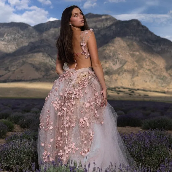 "VERITY" Blush & Gold 3D Floral Lace & Tulle Wedding Ballgown Set