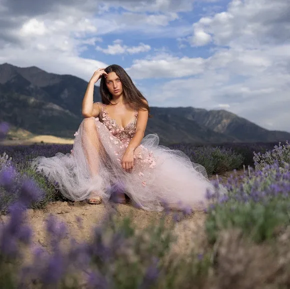 "VERITY" Blush & Gold 3D Floral Lace & Tulle Wedding Ballgown Set