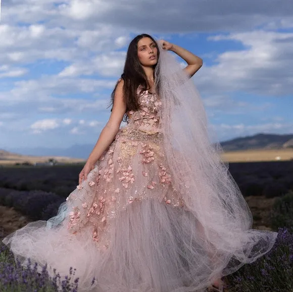 "VERITY" Blush & Gold 3D Floral Lace & Tulle Wedding Ballgown Set