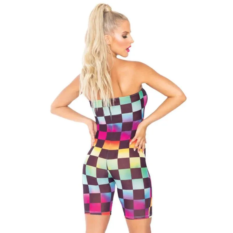 Rainbow Checkerboard Mesh Strapless Romper - MED / LGE