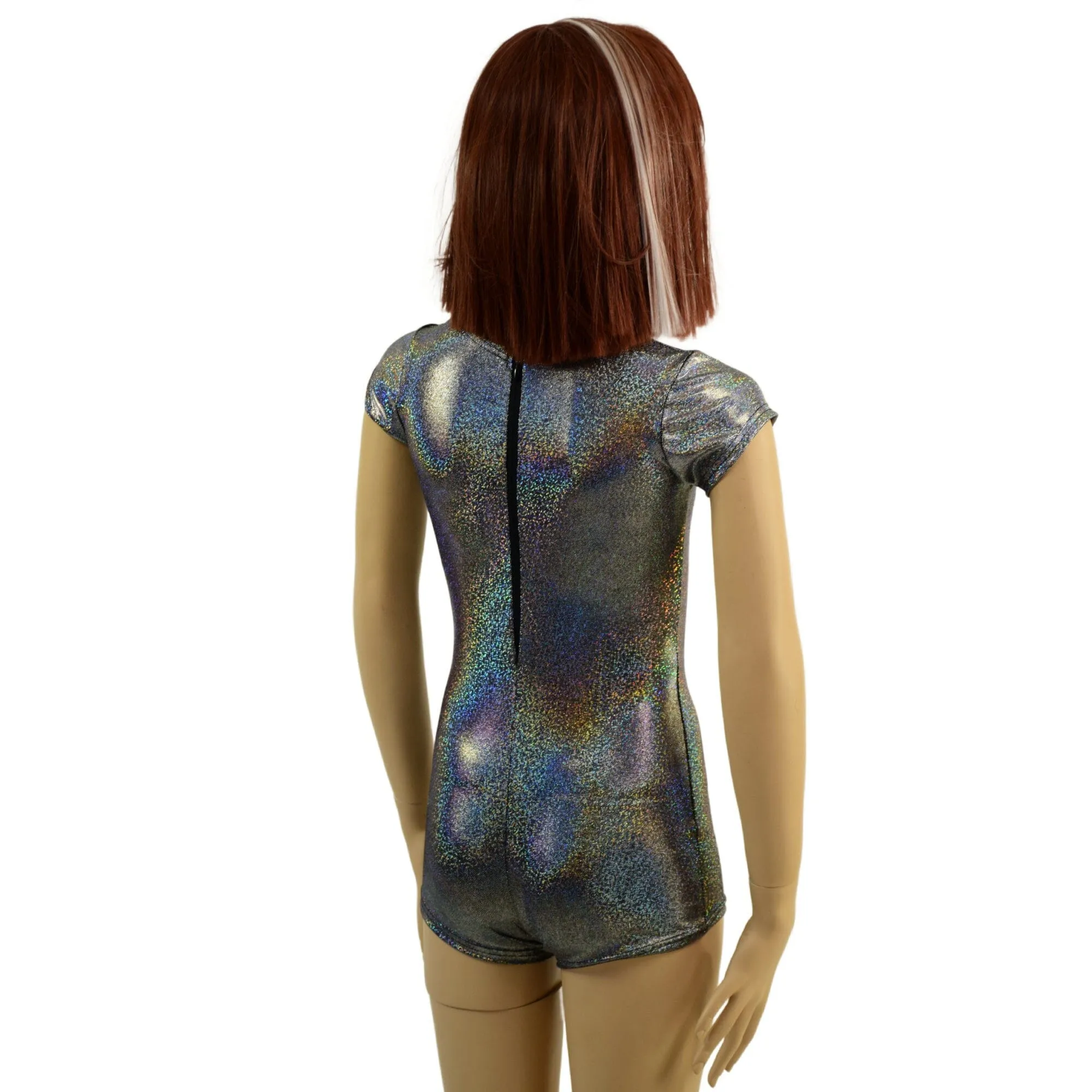 Ready to Ship Girls Silver Holographic Romper with Plunging Mesh Inset Neckline 8