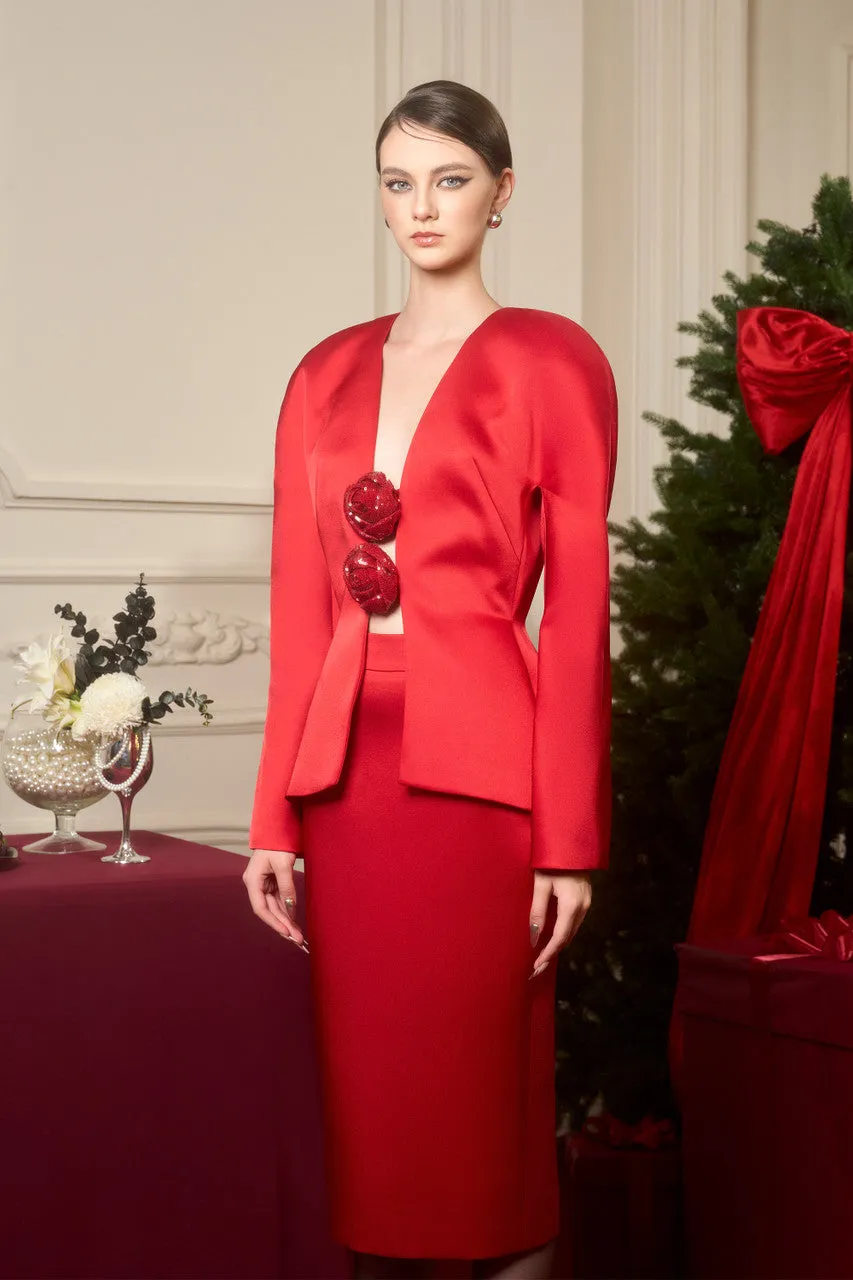 Red Taffeta Puffed Shoulder Suit Set