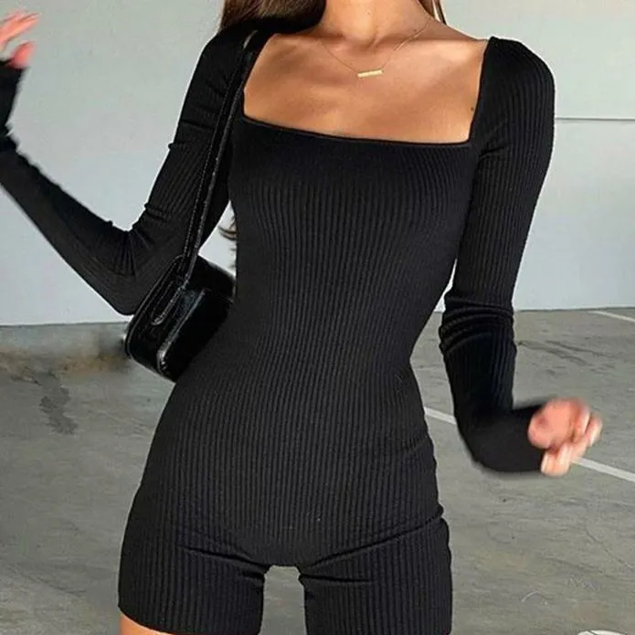 Ribbed Square Neck Romper - 2 Colors