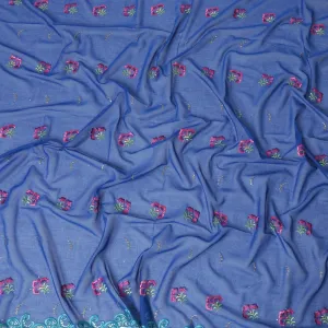 Royal blue Swiss cotton voile fabric with olive green, hot pink, purple, turquoise blue and silver metallic embroidery in floral design having stone work-D6392