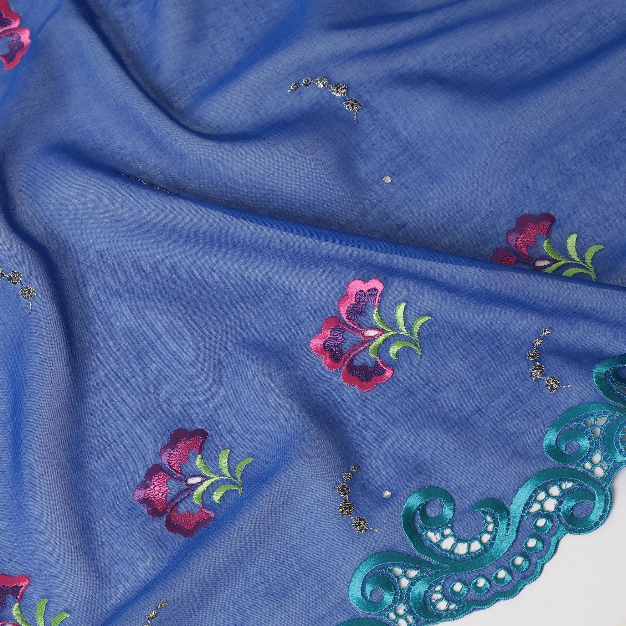 Royal blue Swiss cotton voile fabric with olive green, hot pink, purple, turquoise blue and silver metallic embroidery in floral design having stone work-D6392