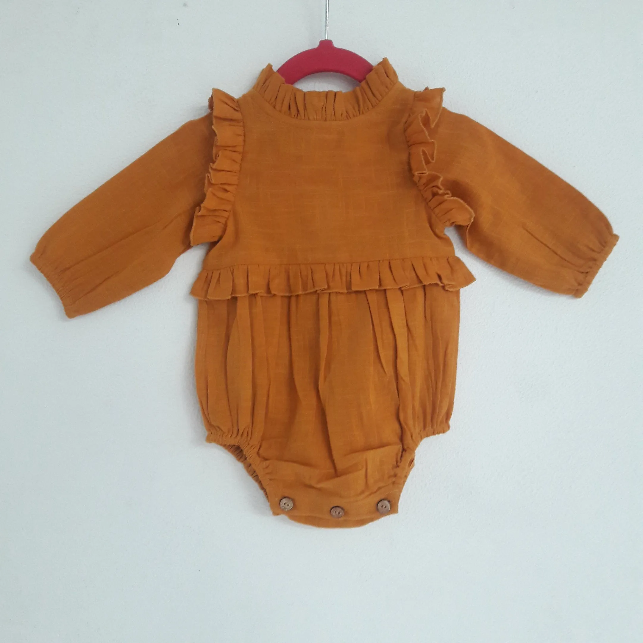 Rust Full-Sleeves Ruffles Infant Romper