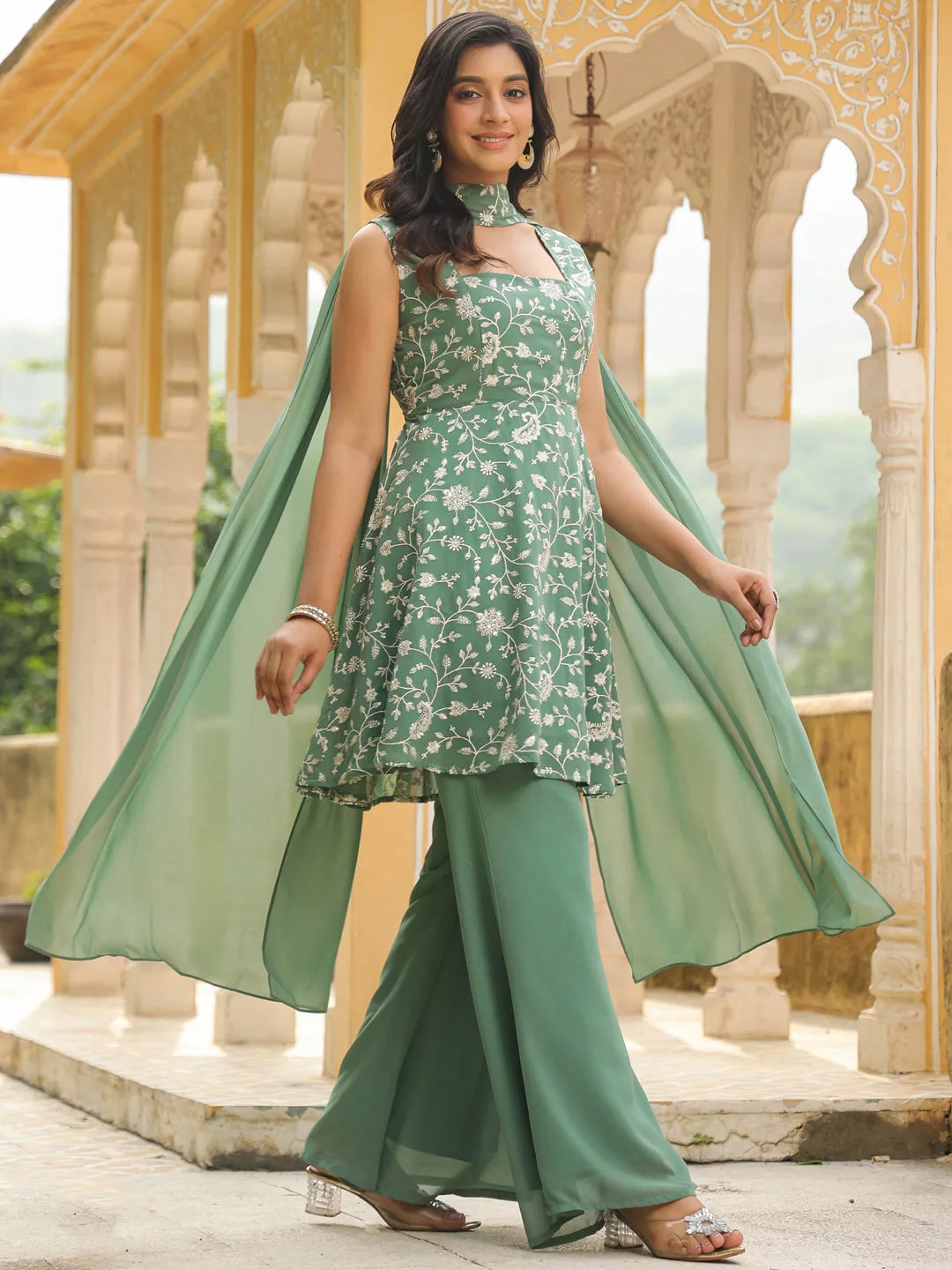 Sage Green Georgette Embroidered A-Line Kurta Set  - By Janasya