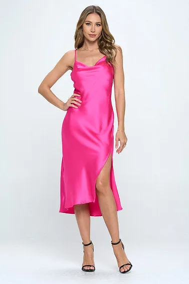 Satin Bias Slip Dress with Slit - FUSCHIA