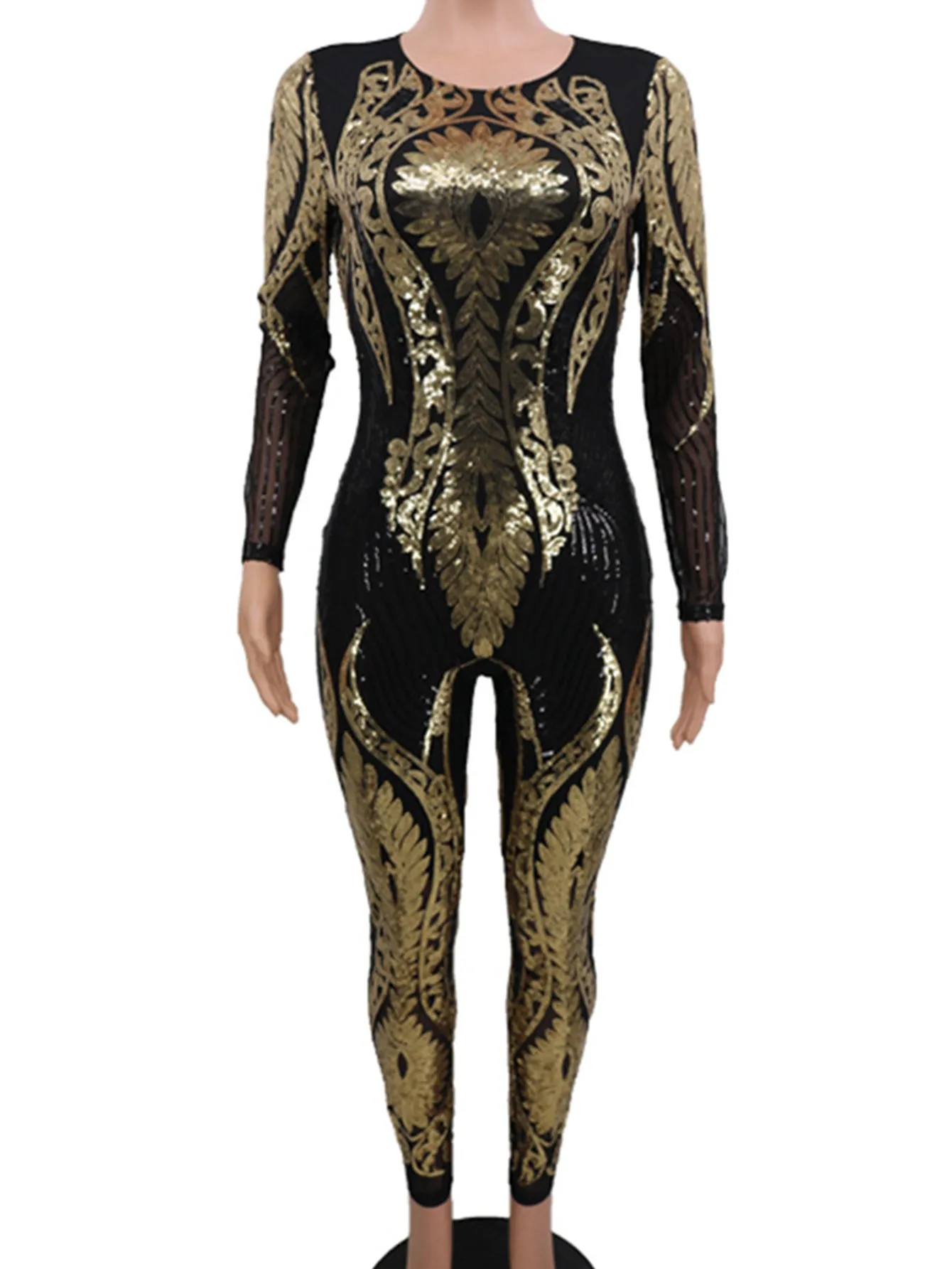 Sexy Black & Gold Sequin Catsuit Jumpsuit