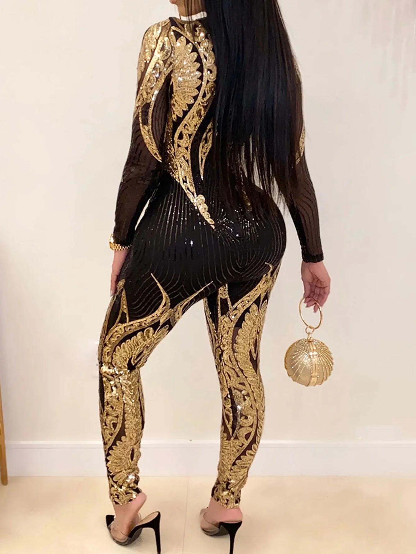 Sexy Black & Gold Sequin Catsuit Jumpsuit