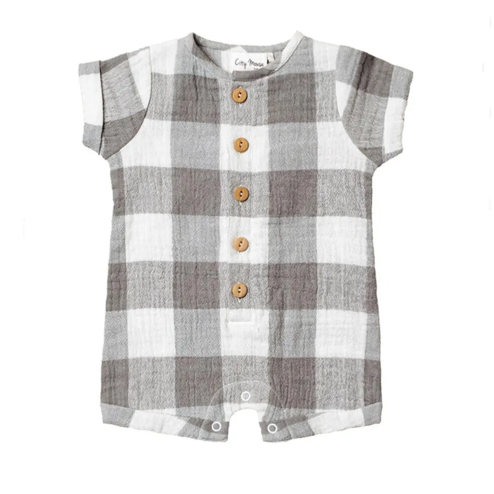 Short Button Romper, Silver Check