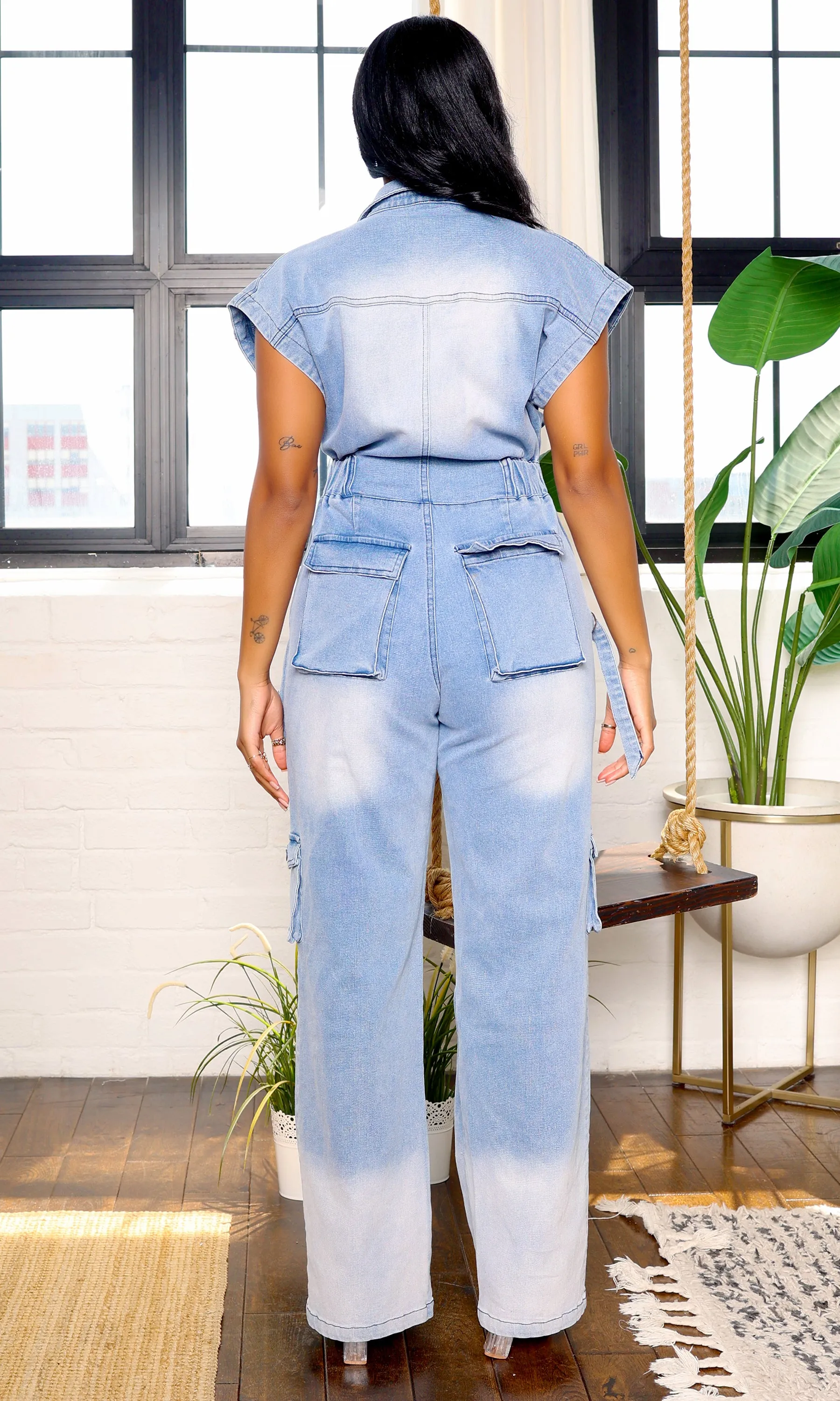 Short Sleeve Cargo Denim Jumpsuit - Light Blue FINAL SALE