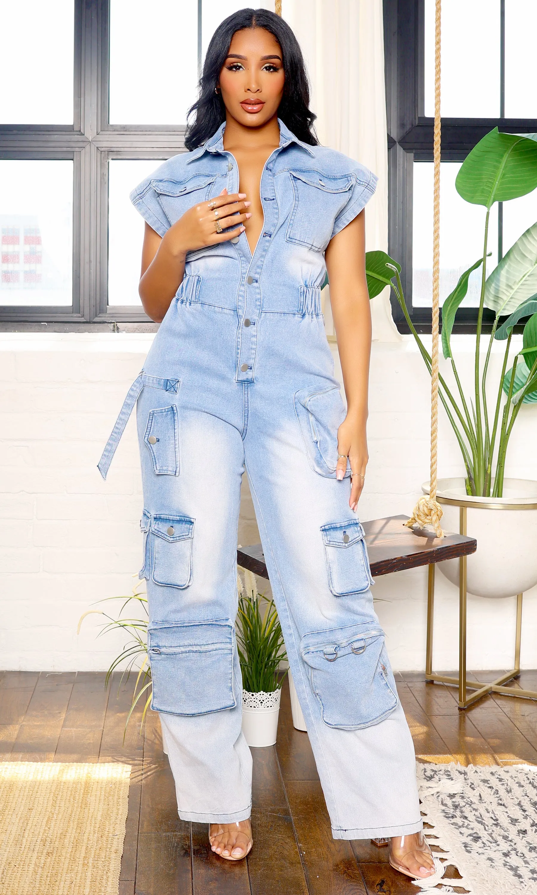 Short Sleeve Cargo Denim Jumpsuit - Light Blue FINAL SALE