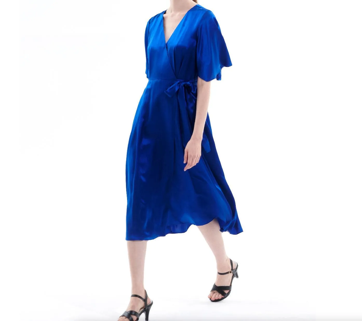 Silk Satin Blue Wrap Midi Dress