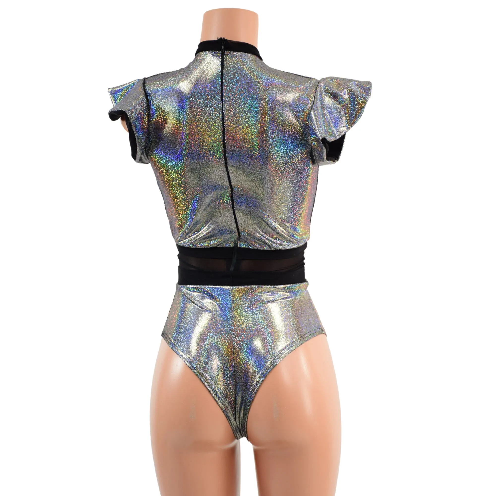 Silver Holographic Keyhole & Mesh Romper with BRAZILIAN cut leg