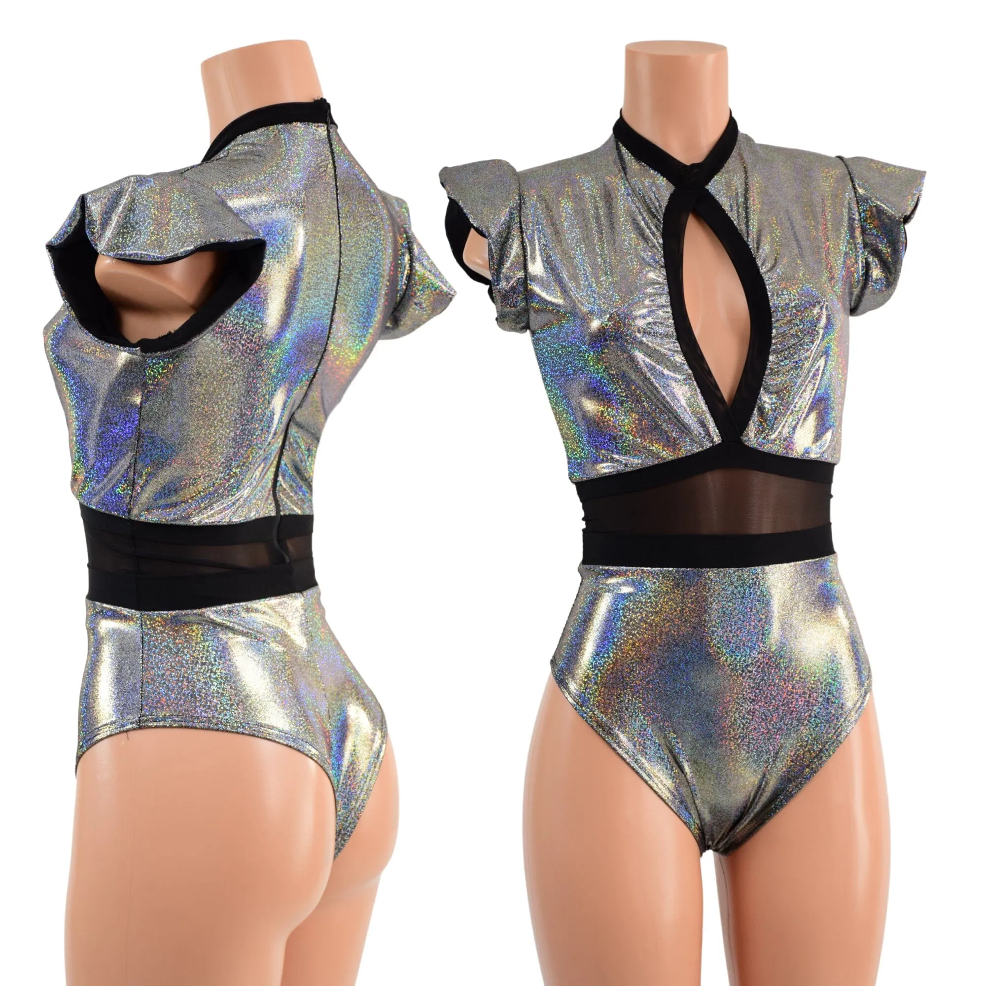 Silver Holographic Keyhole & Mesh Romper with BRAZILIAN cut leg