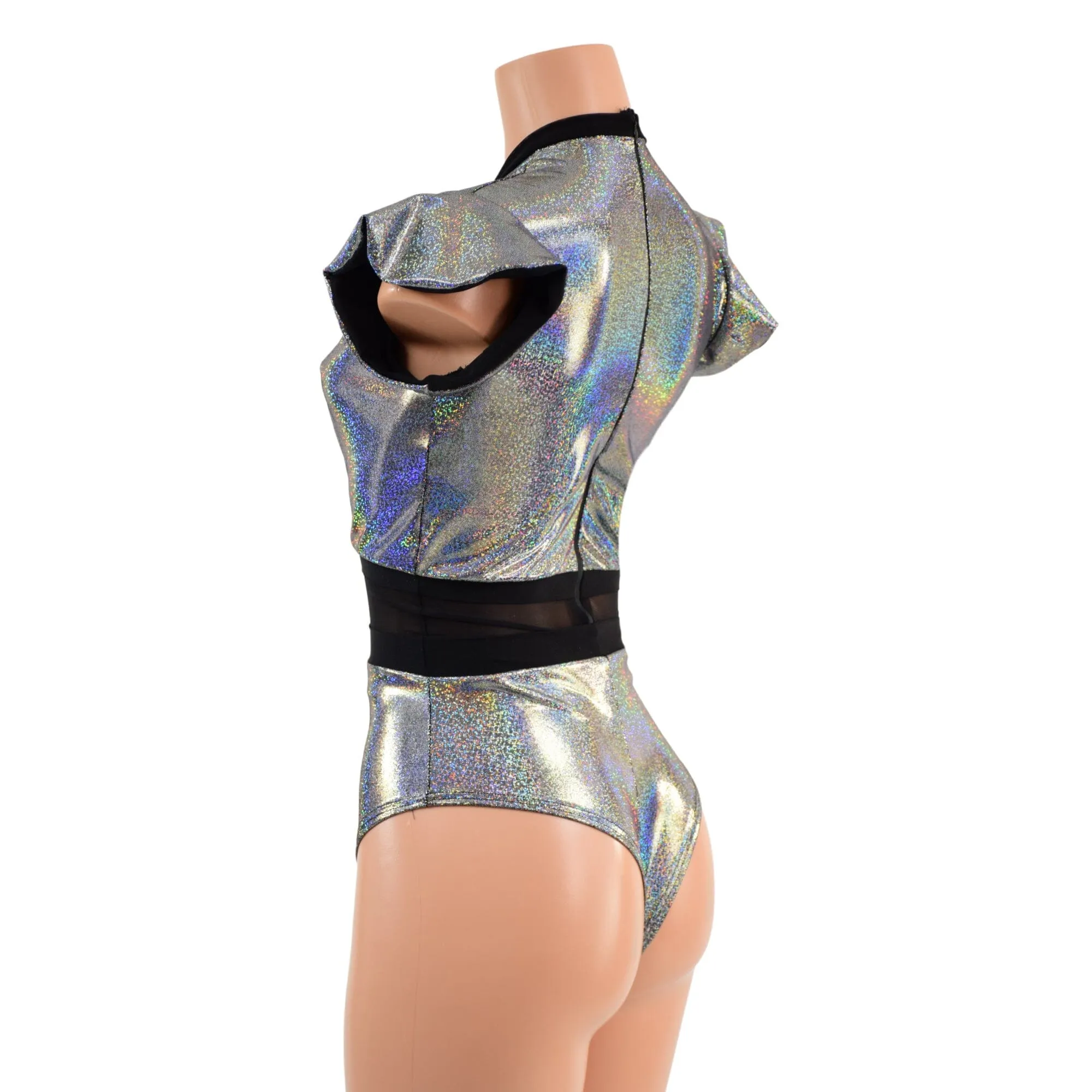 Silver Holographic Keyhole & Mesh Romper with BRAZILIAN cut leg