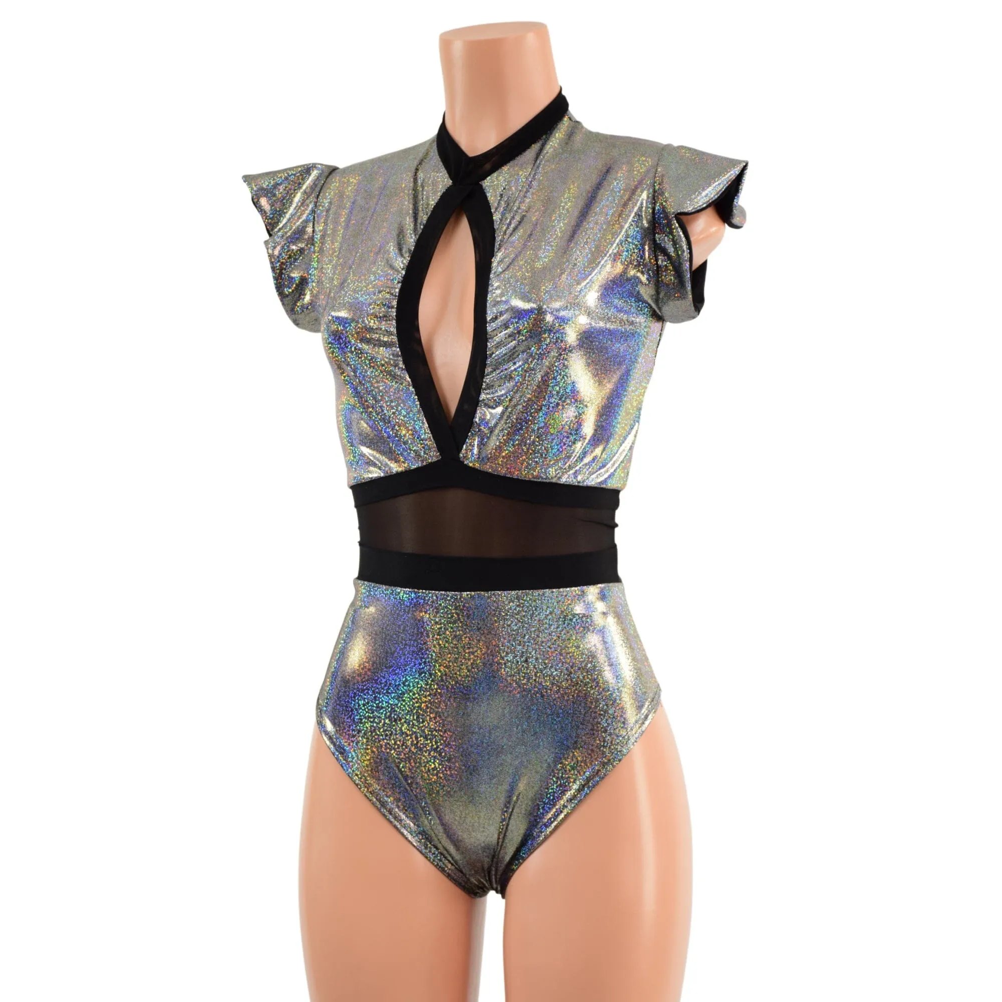 Silver Holographic Keyhole & Mesh Romper with BRAZILIAN cut leg