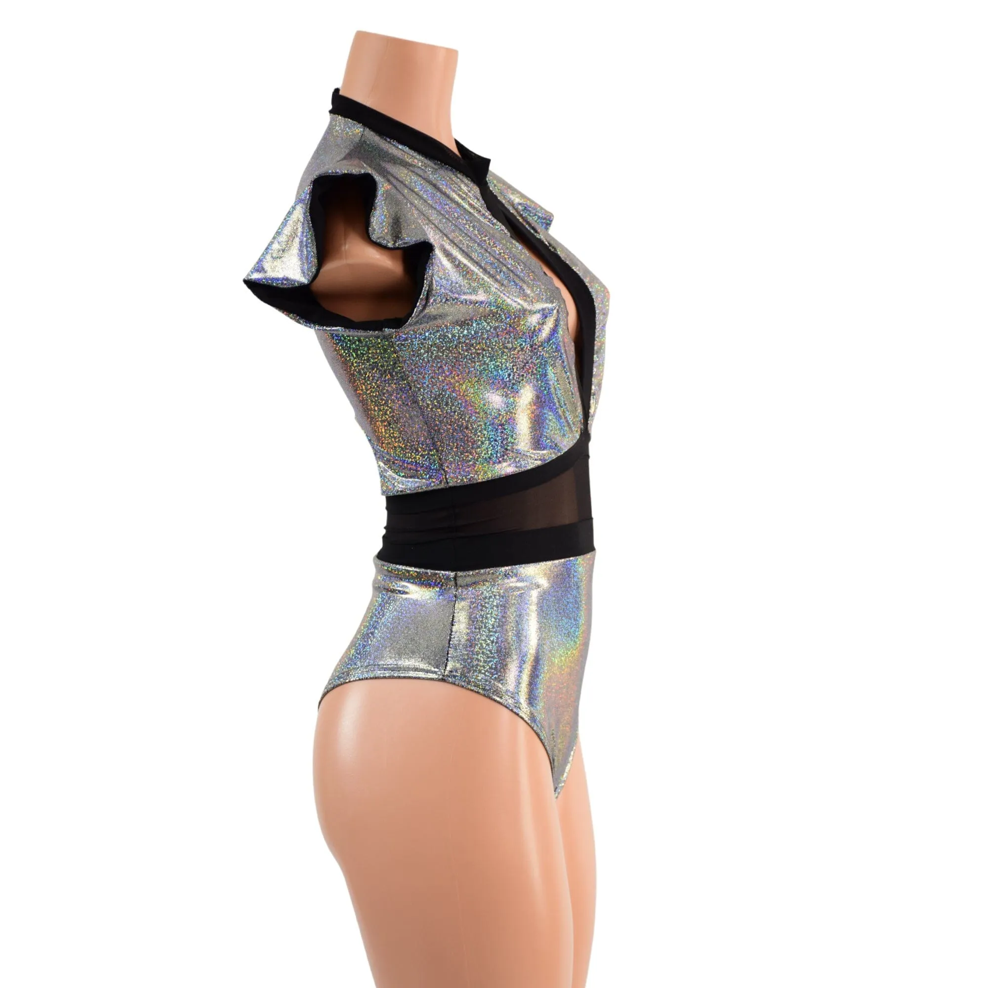 Silver Holographic Keyhole & Mesh Romper with BRAZILIAN cut leg