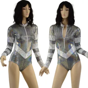 Silver Holographic V Front Color Blocked Stella Romper