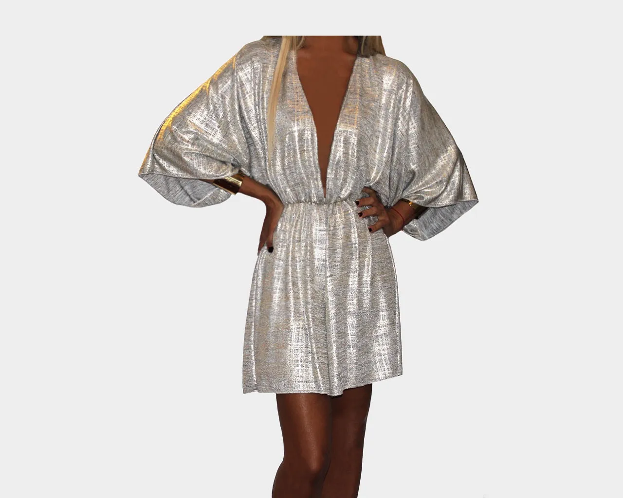 Silver Metallic Kimono Style Jumpsuit - The Monte Carlo