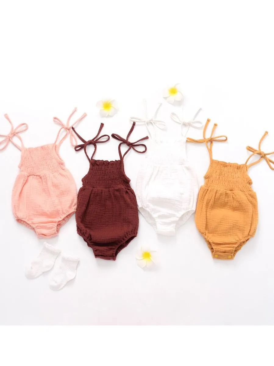 Solid Color Tie Muslin Baby Romper Playsuit