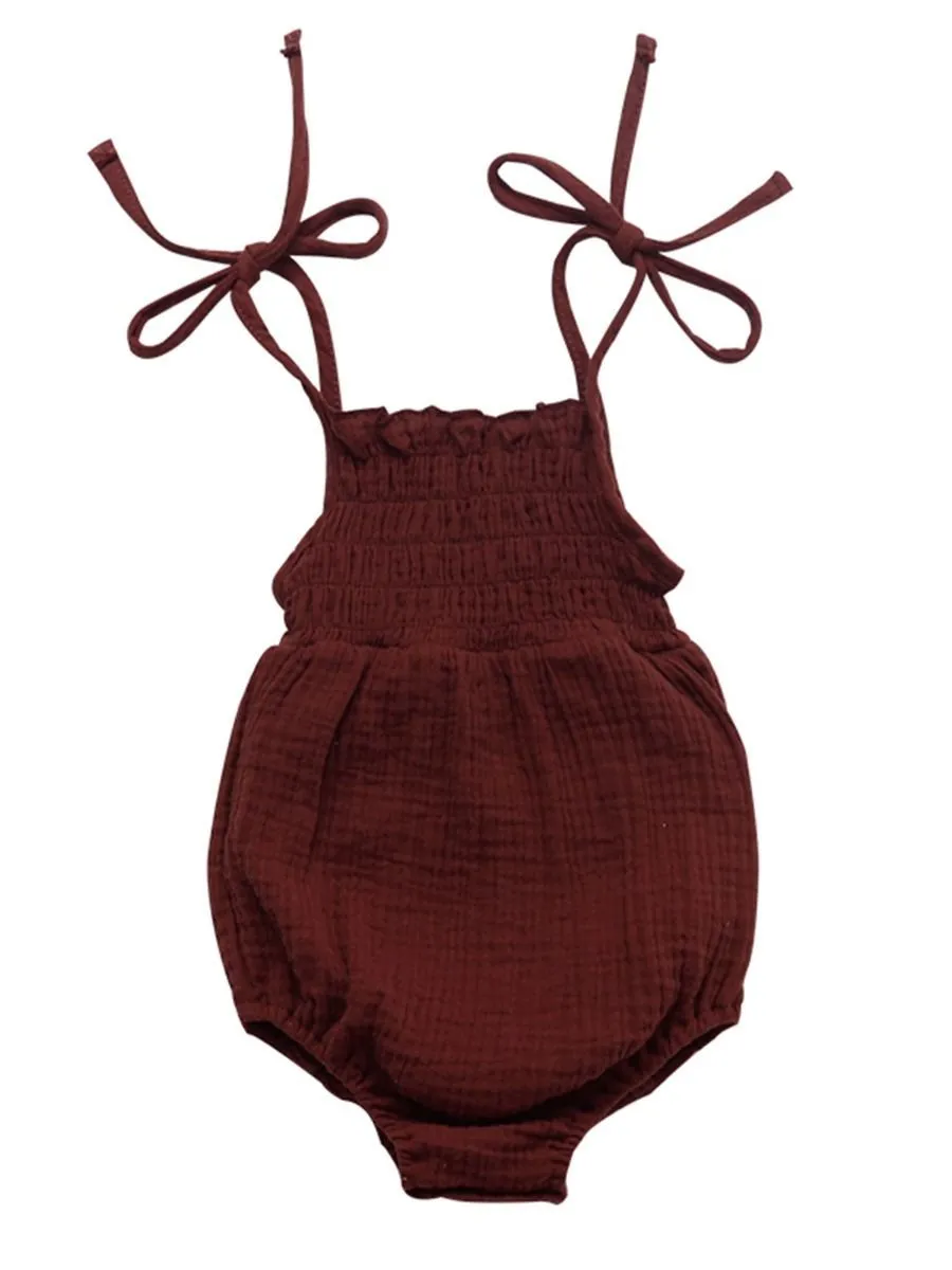 Solid Color Tie Muslin Baby Romper Playsuit