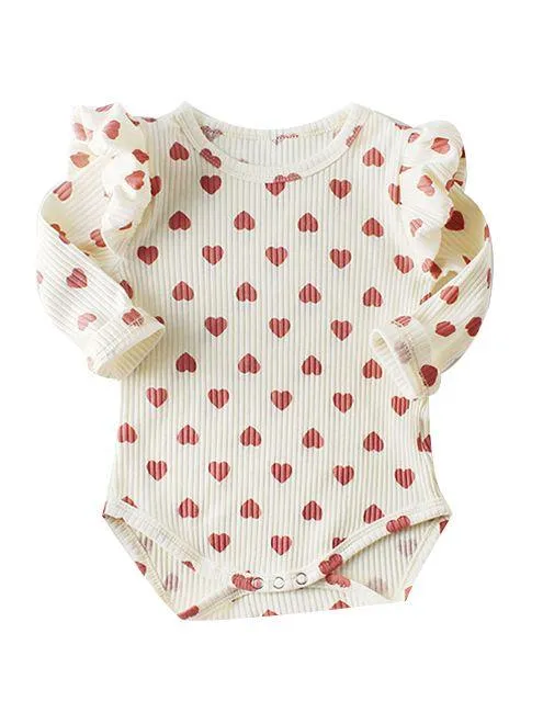 Spanish Style Bodysuit Long Flutter Sleeve Love Heart Print Baby Romper