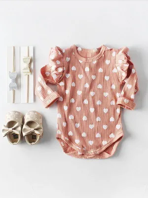 Spanish Style Bodysuit Long Flutter Sleeve Love Heart Print Baby Romper