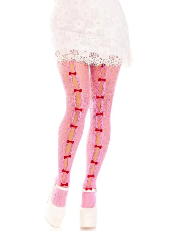 Sweetheart Striped Tights with Mini Bows Pink