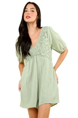 TEEK - Sage Lace Detail Puff Sleeve Pocketed Romper