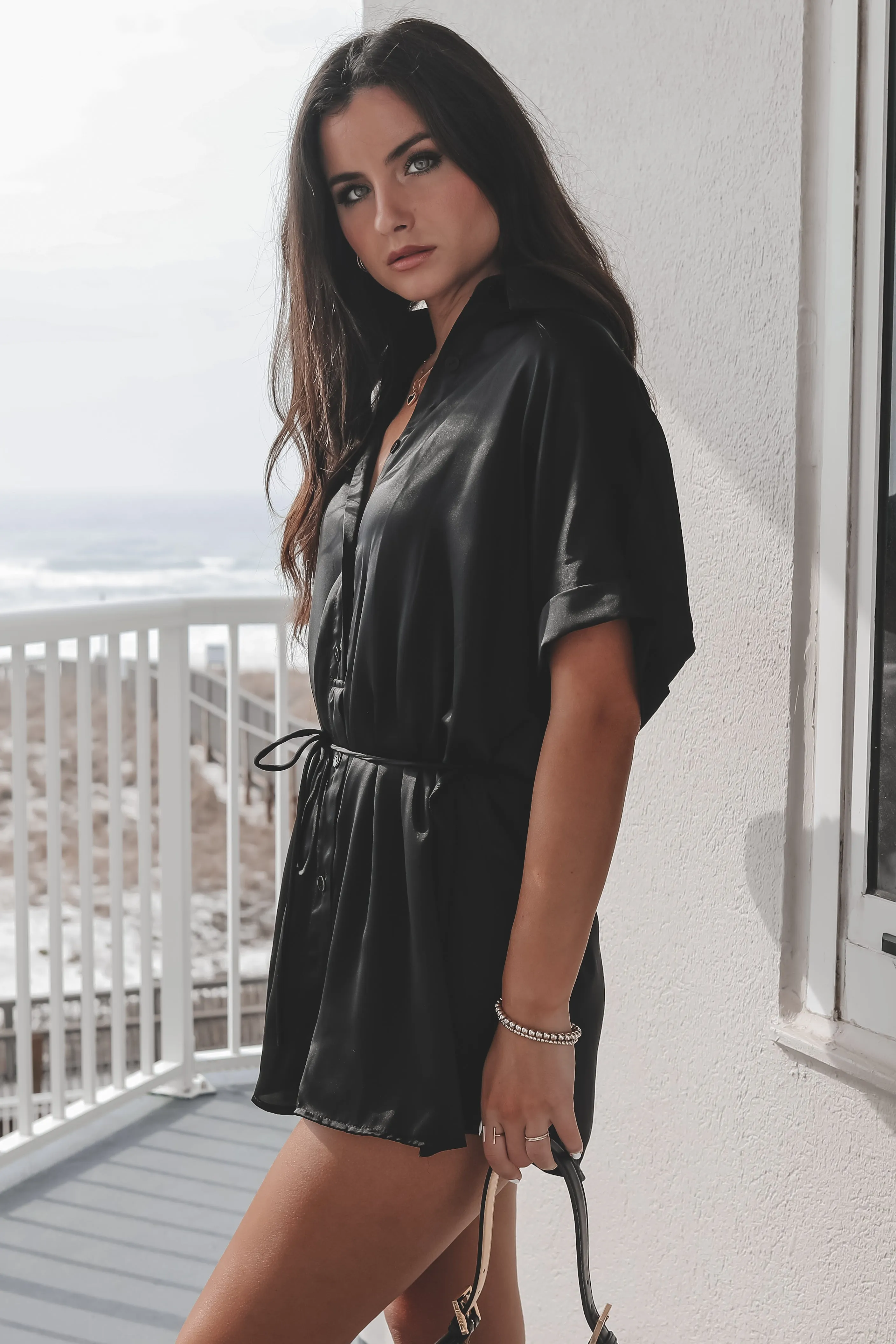 The Beverly Satin Short Sleeve Romper Dress