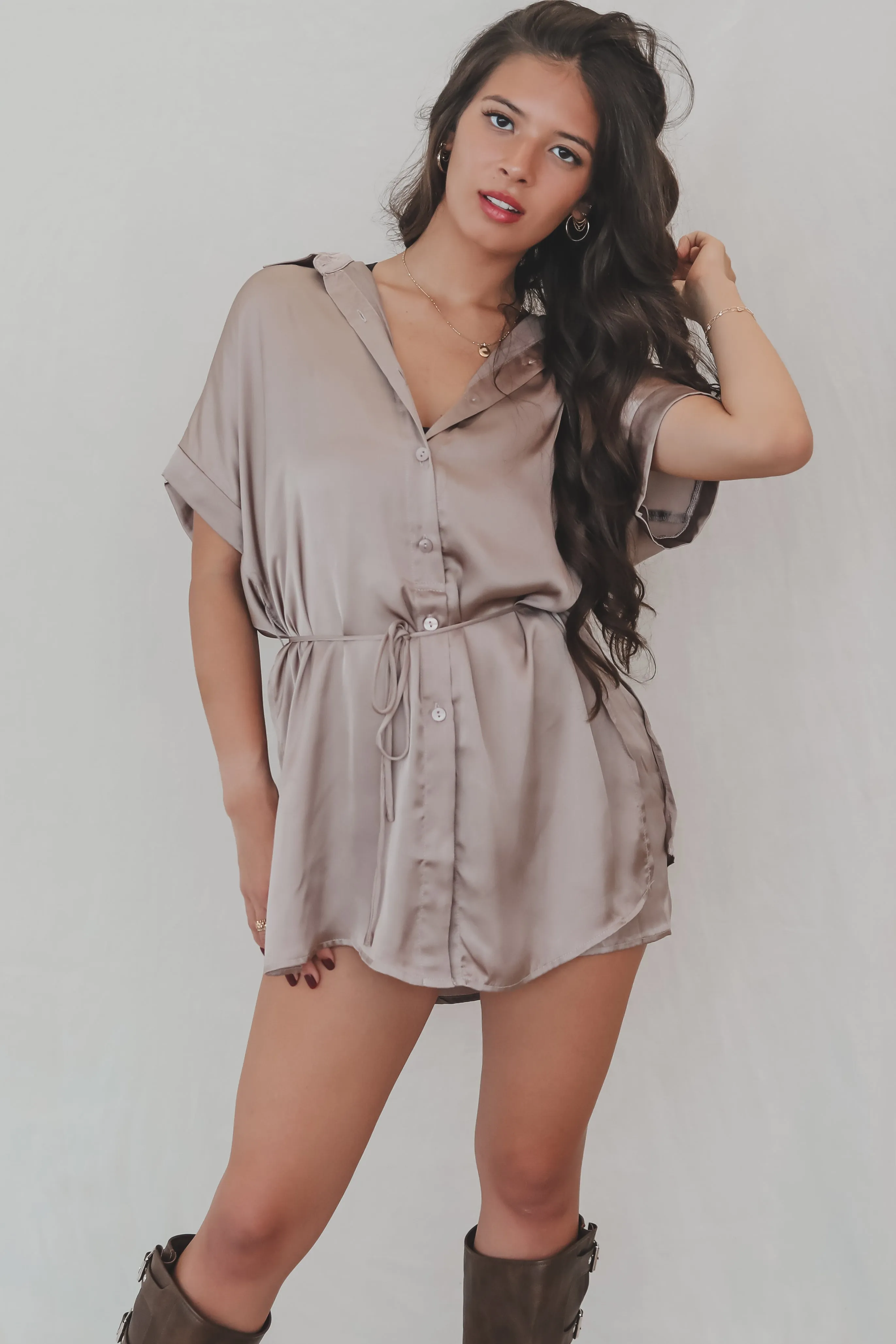 The Beverly Satin Short Sleeve Romper Dress