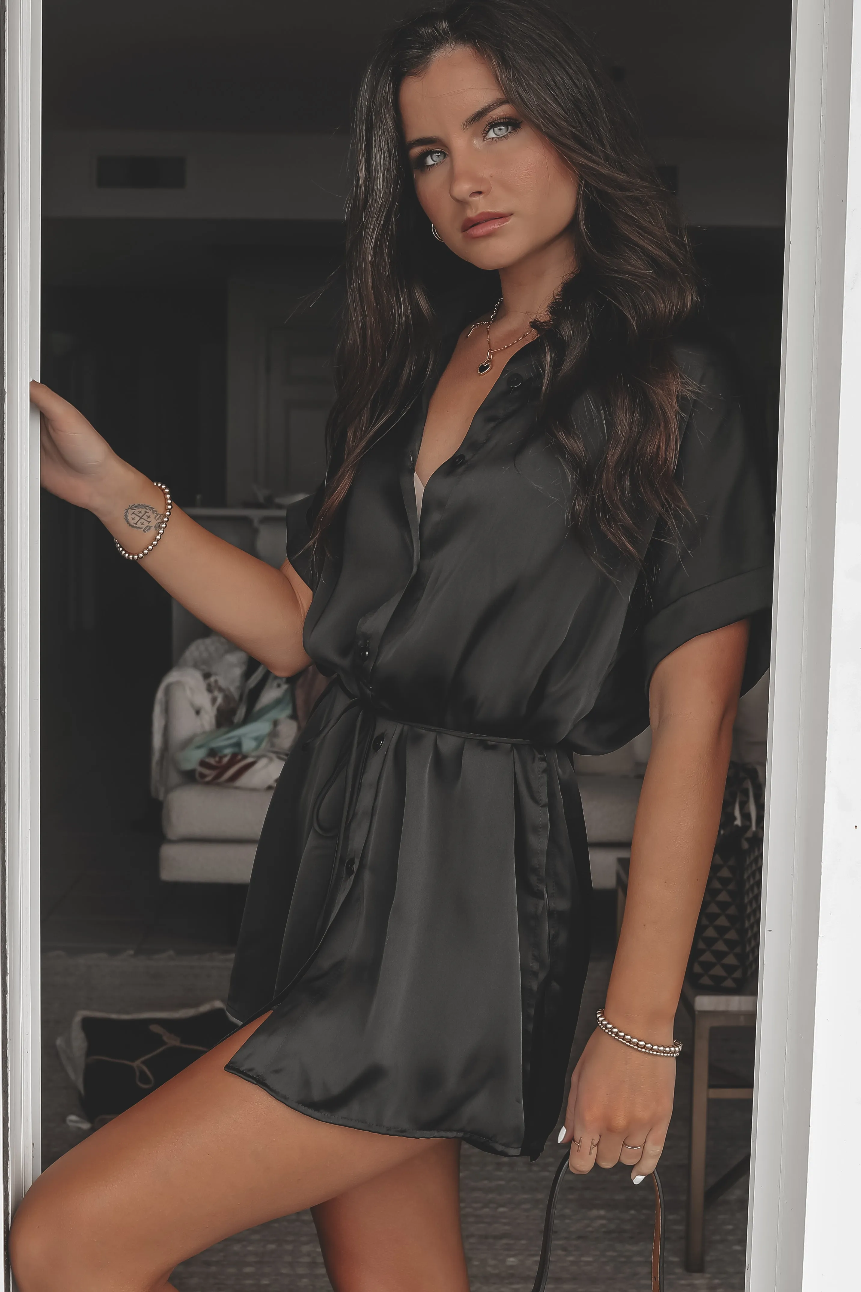 The Beverly Satin Short Sleeve Romper Dress