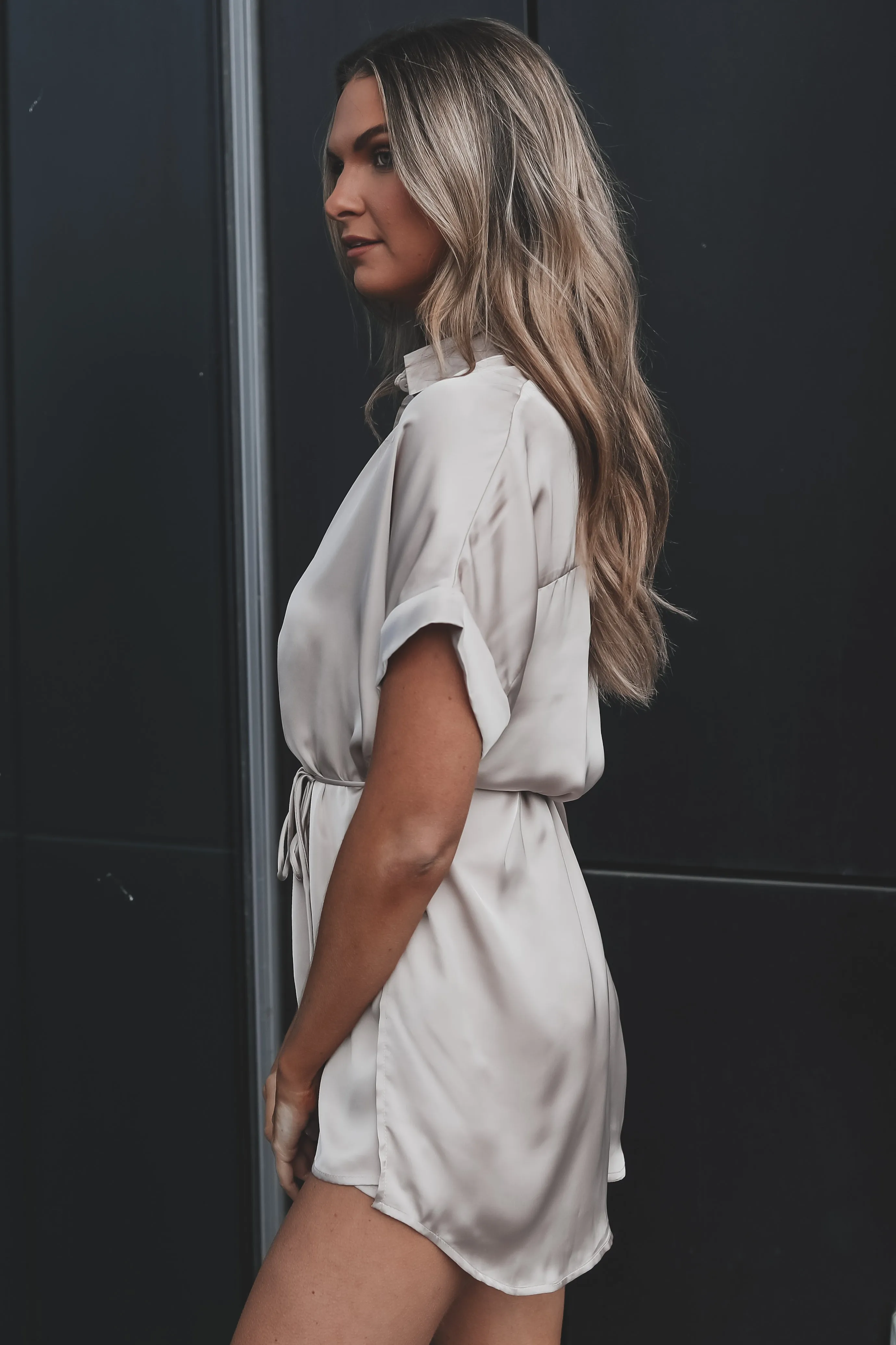 The Beverly Satin Short Sleeve Romper Dress