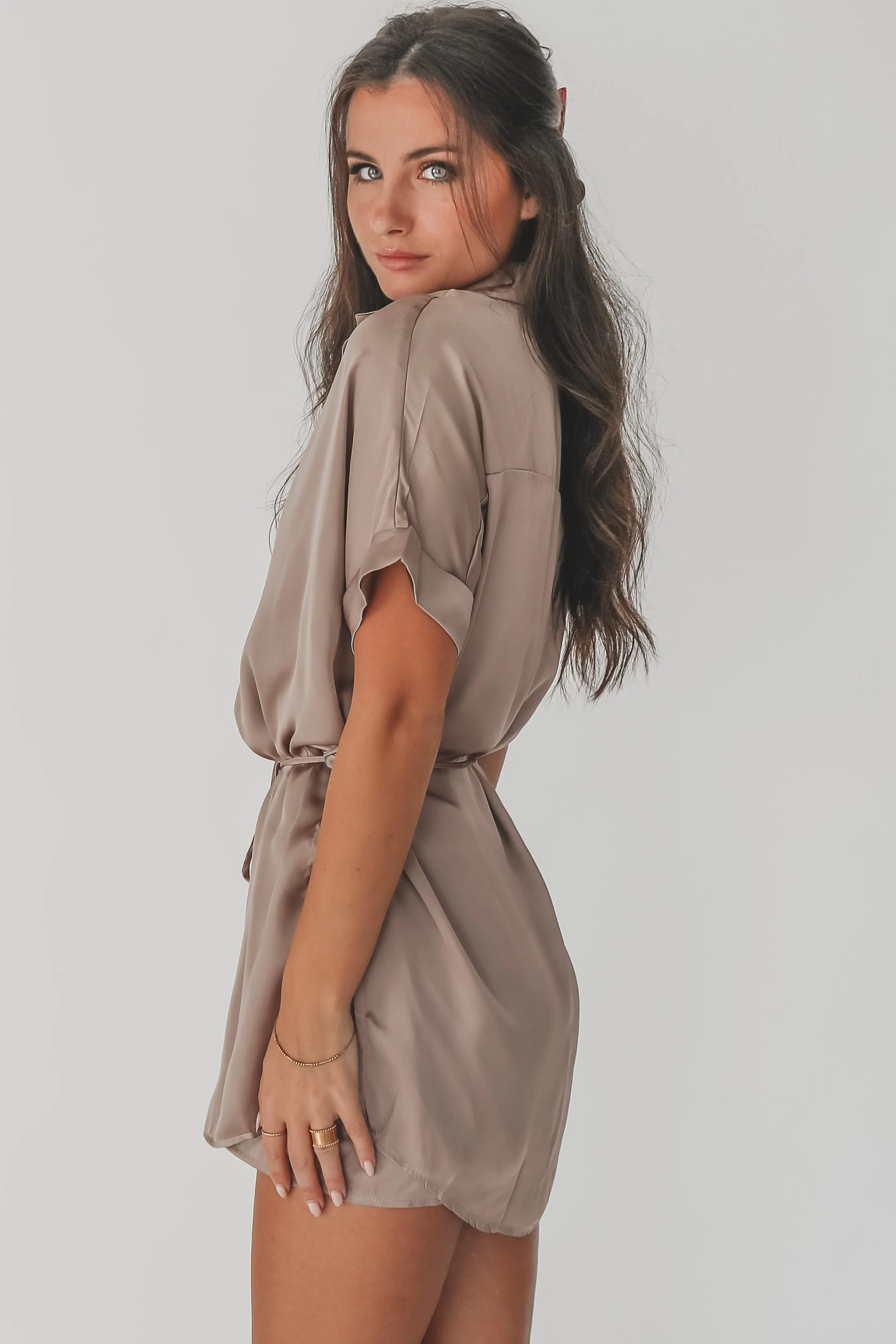 The Beverly Satin Short Sleeve Romper Dress