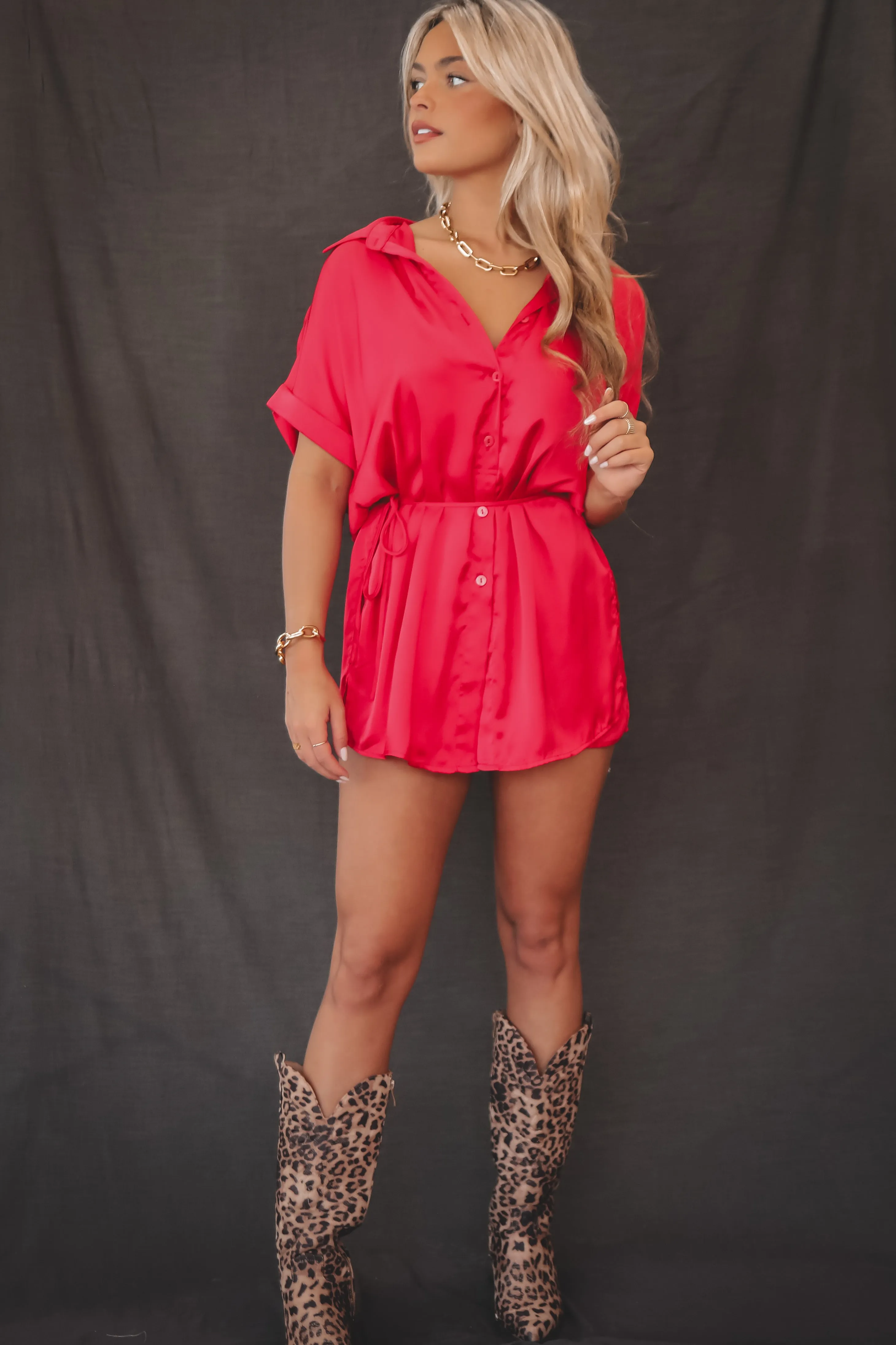 The Beverly Satin Short Sleeve Romper Dress