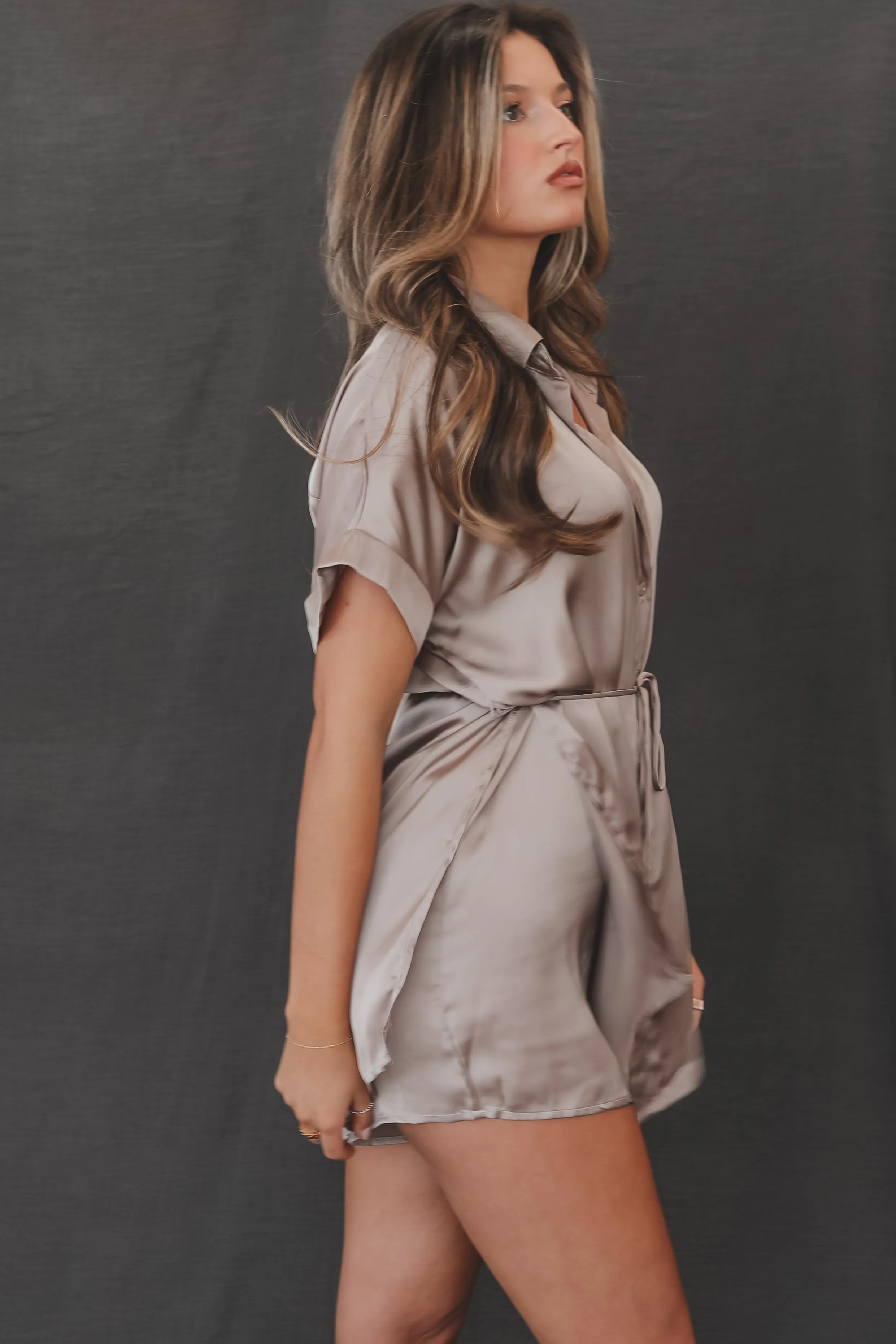 The Beverly Satin Short Sleeve Romper Dress