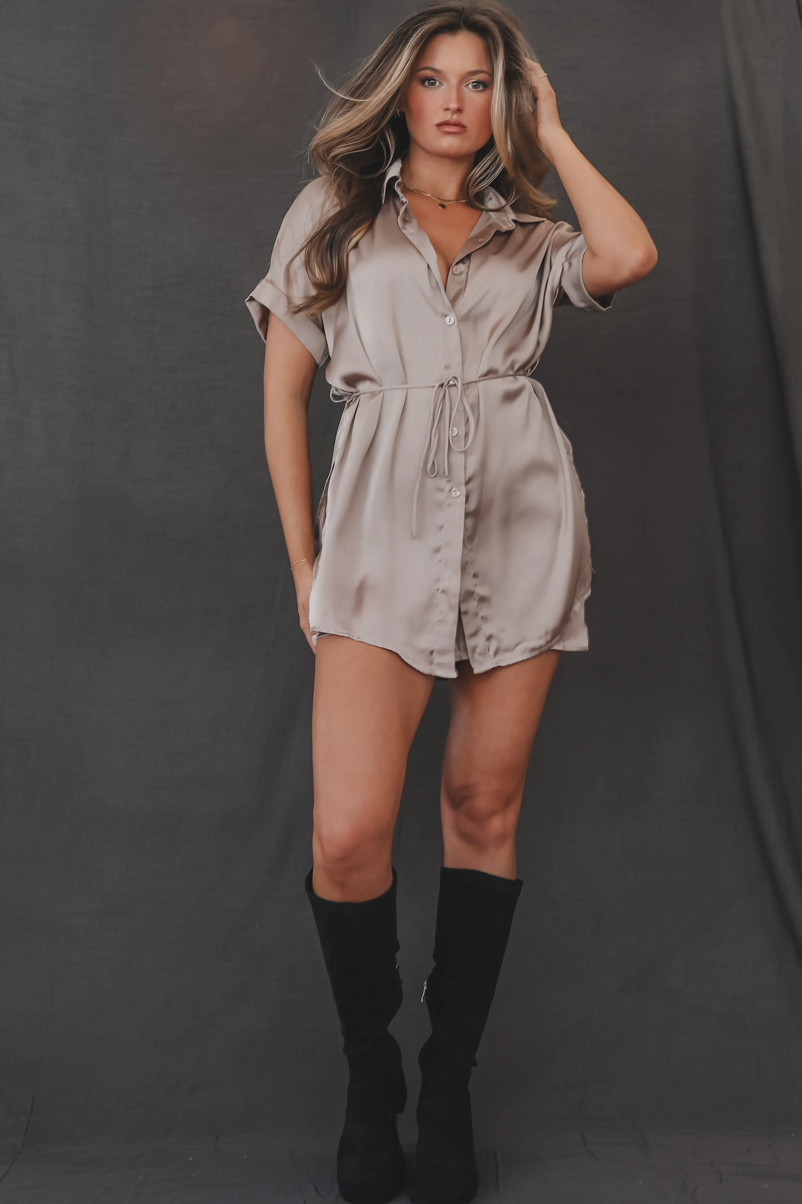 The Beverly Satin Short Sleeve Romper Dress