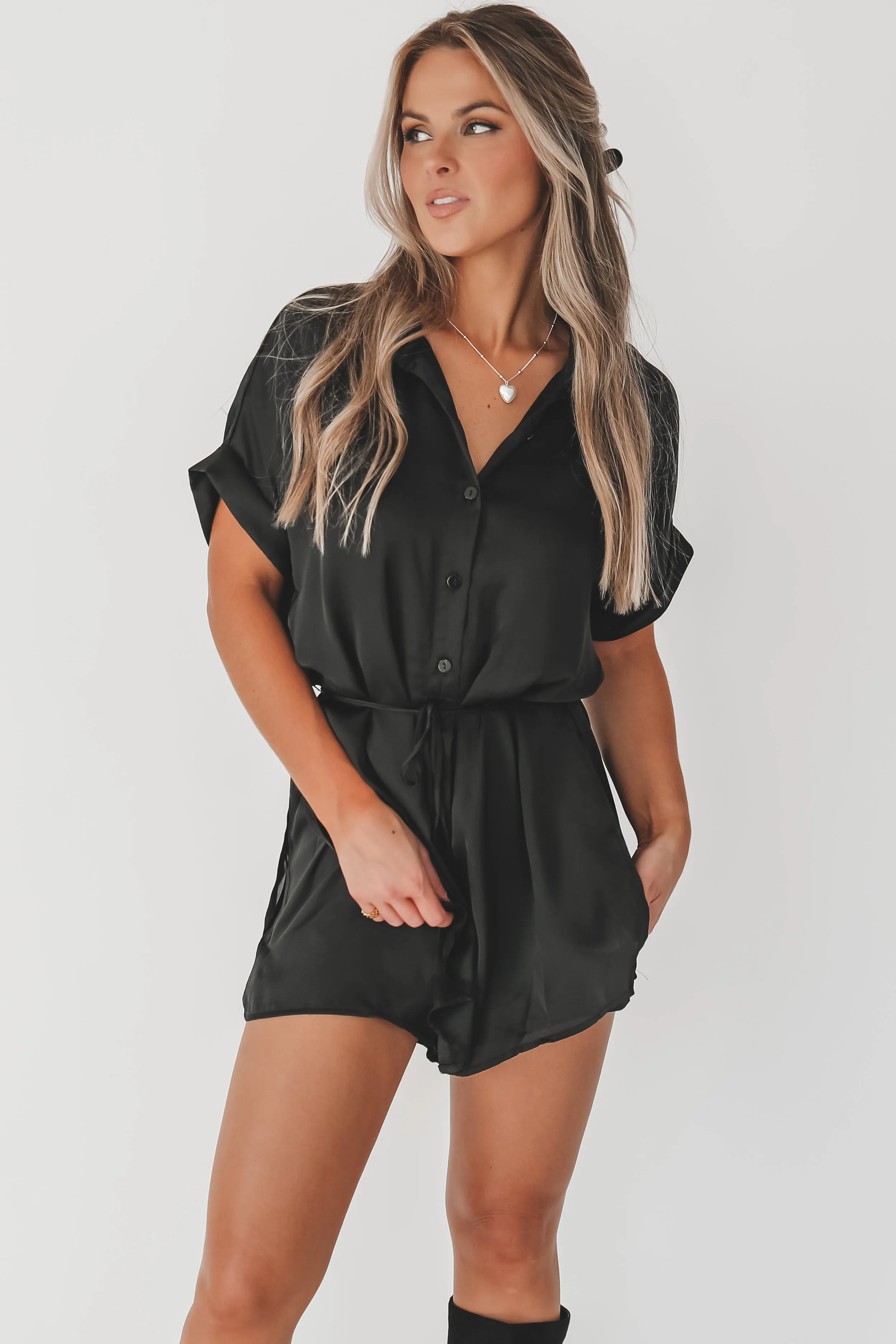 The Beverly Satin Short Sleeve Romper Dress