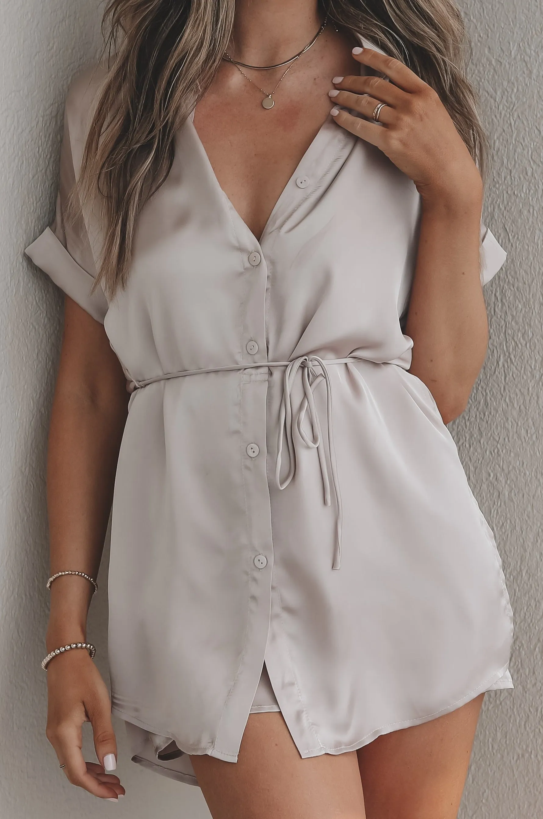 The Beverly Satin Short Sleeve Romper Dress