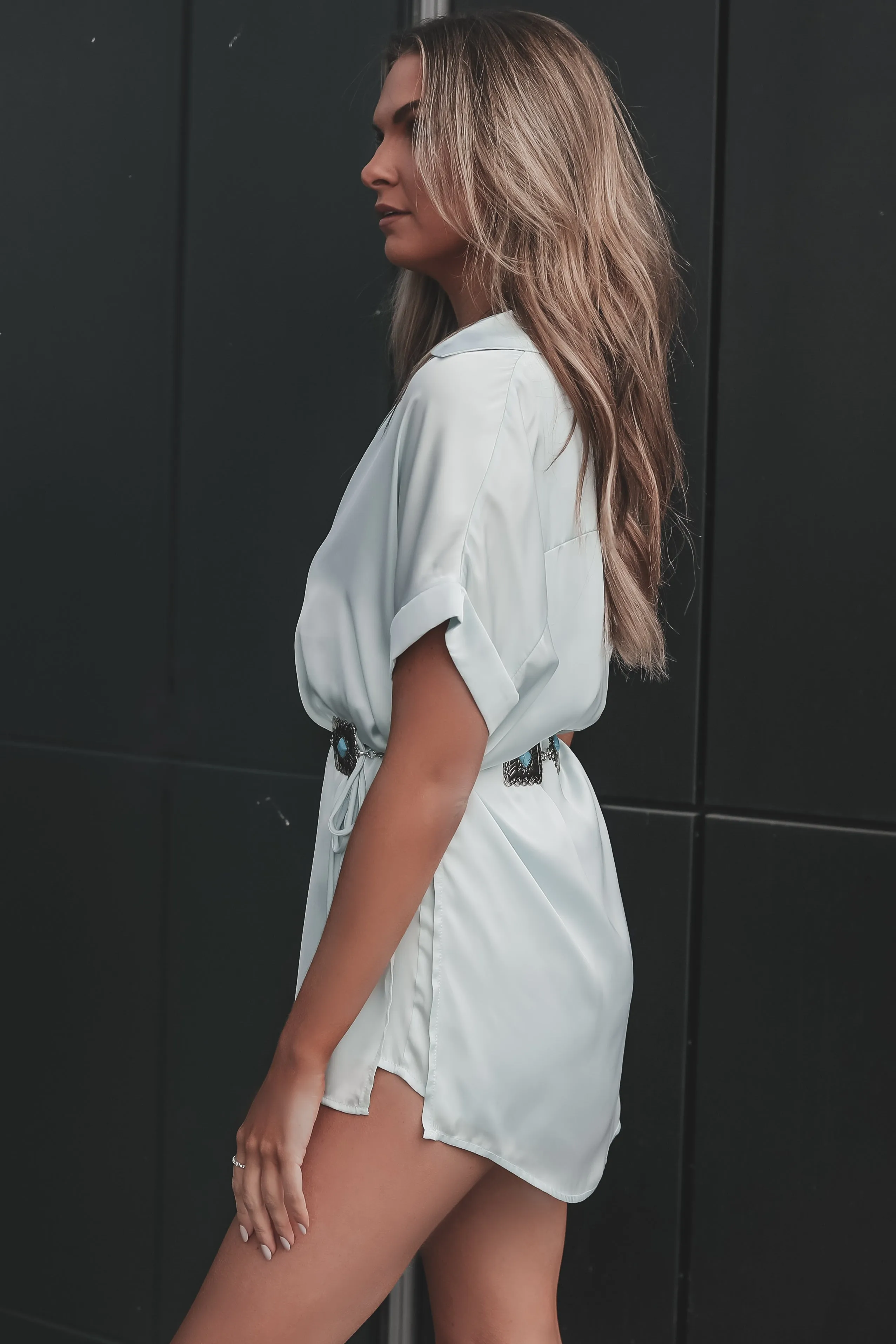 The Beverly Satin Short Sleeve Romper Dress