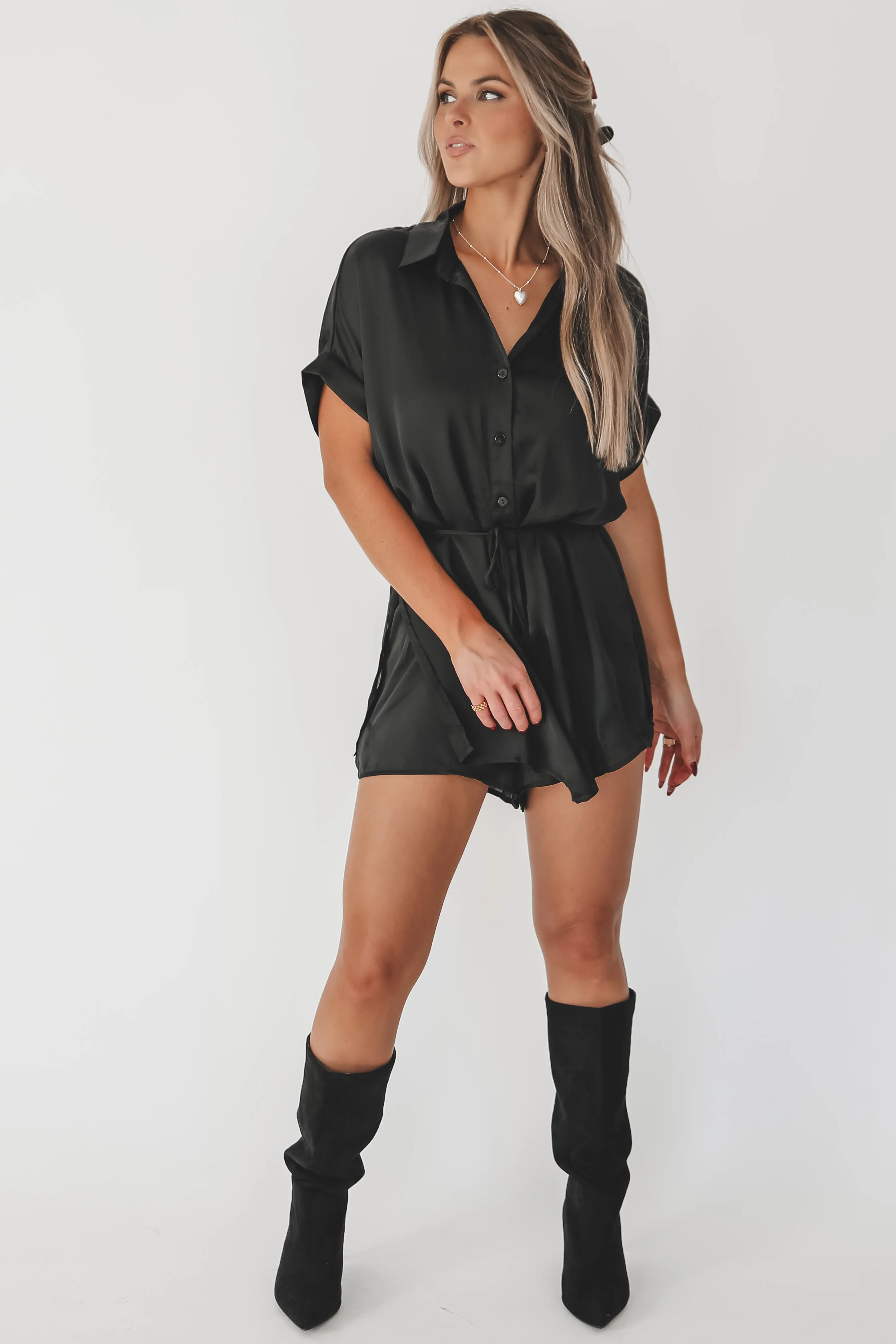 The Beverly Satin Short Sleeve Romper Dress